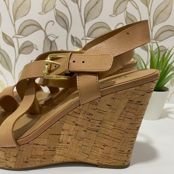 Franco Sarto Wedge Sandals With Straps & Cork Heel - Size 8 - Tan Leather Upper - Picture 7 of 12